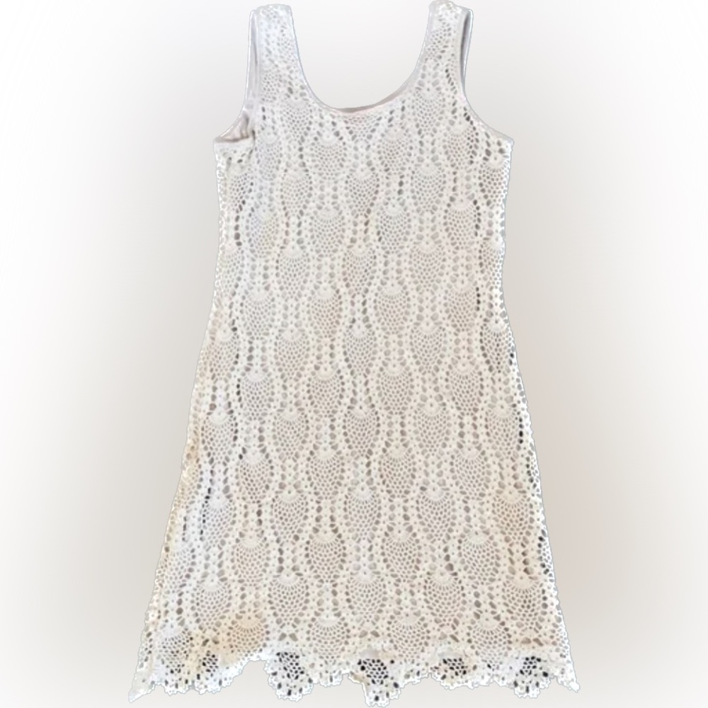Crochet White short Midi Dress w/ a Side zipper and Lining Inside
